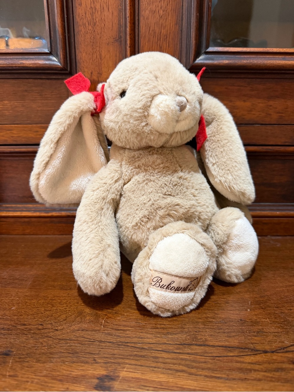 Bukowski Beige Bunny Plush Toy with Red Ear Bows - Soft Kids Stuffed Animal